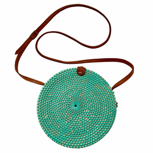 POPPY & SAGE Camilla Aqua Turquoise Woven Rattan Circle Crossbody Handmade NEW